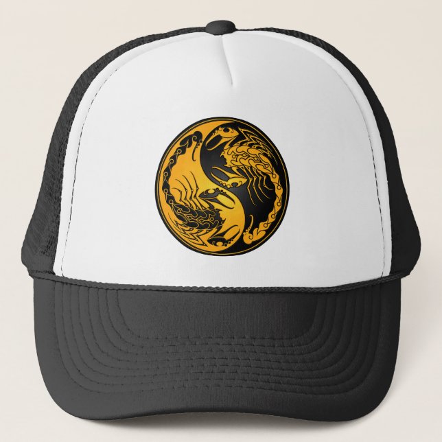 Yellow and Black Yin Yang Scorpions Trucker Hat (Front)