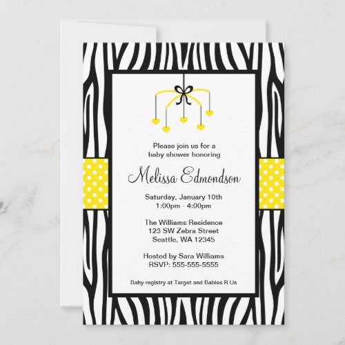 Yellow and Black Zebra Heart Mobile Baby Shower Invitations