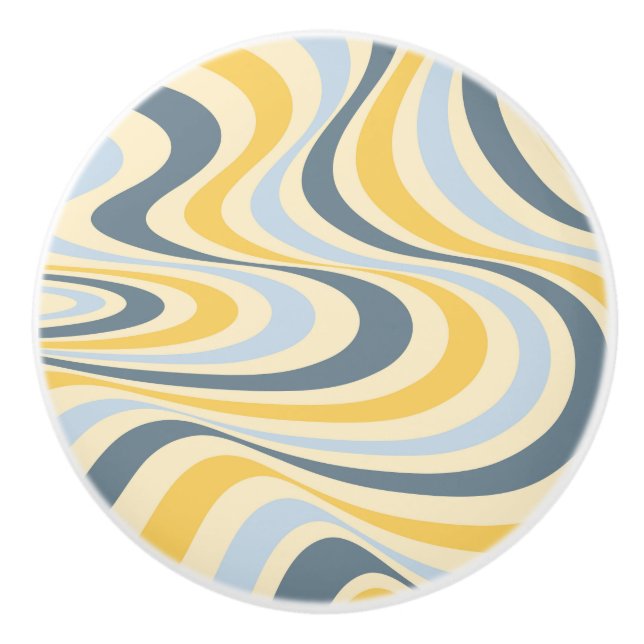 Yellow and blue abstract swirl design ceramic knob (Front)