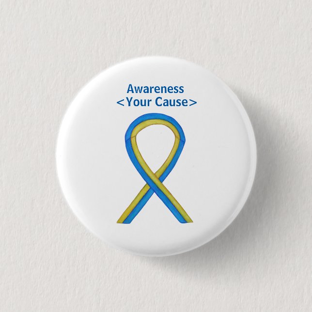 Yellow and Blue Awareness Ribbon Custom Pin Button (Front)
