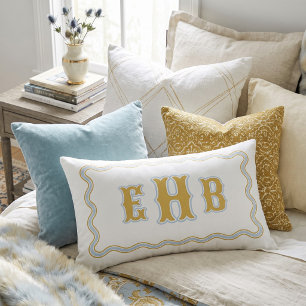 Yellow and Blue Bespoke Scalloped Monogram Lumbar Pillow