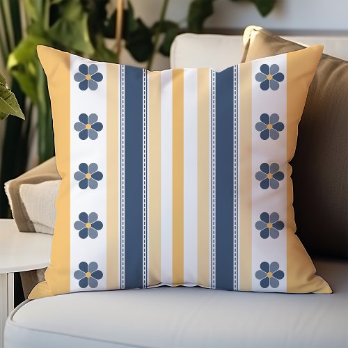 Yellow and Blue Bold Stripes Floral Throw Pillow