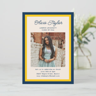 Yellow and Blue Border Photo Graduation Party Invitation