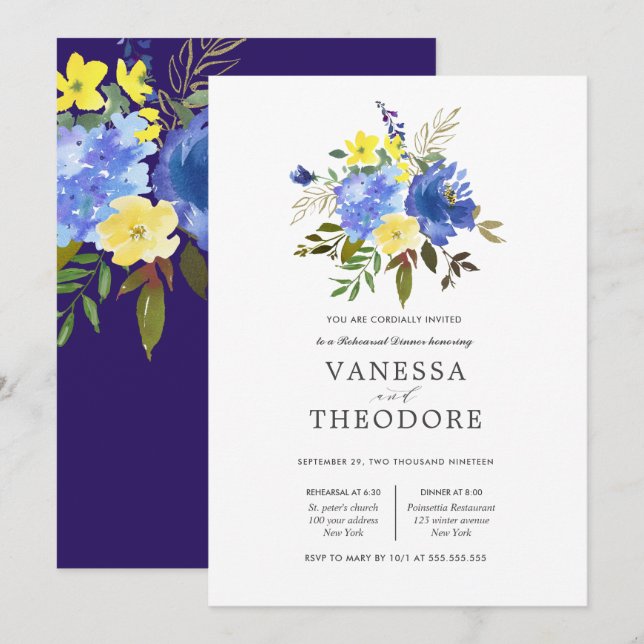Yellow and Blue Bouquet Wedding  Rehearsal Dinner Invitation (Front/Back)
