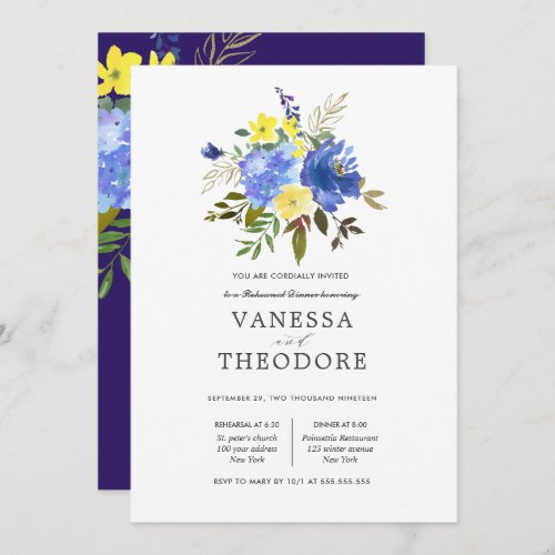 Yellow and Blue Bouquet Wedding  Rehearsal Dinner Invitation