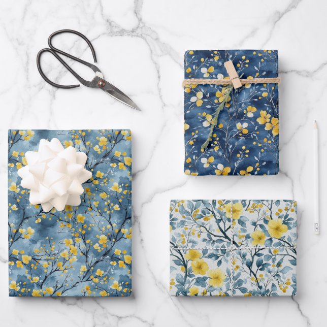 Yellow and Blue Branches and Blossoms Wrapping Paper Sheets (Front)