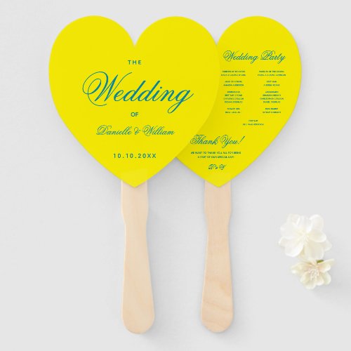 Yellow and Blue Calligraphy Heart Wedding Program Hand Fan