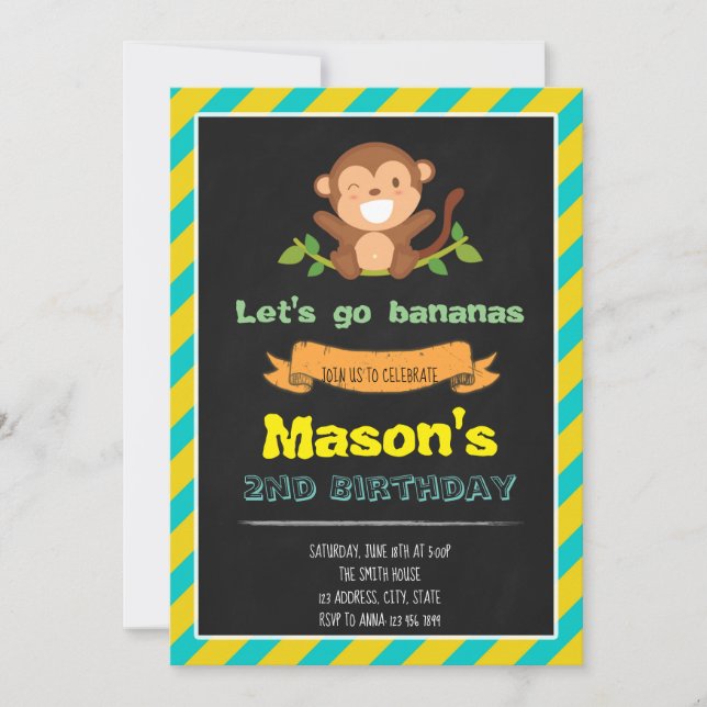 Yellow and blue cheeky monkey birthday Invitation (Front)
