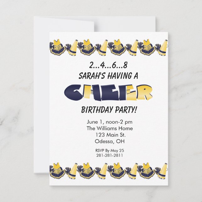 Yellow and Blue Cheerleader Birthday Invitation (Front)
