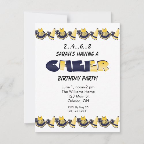 Yellow and Blue Cheerleader Birthday Invitation