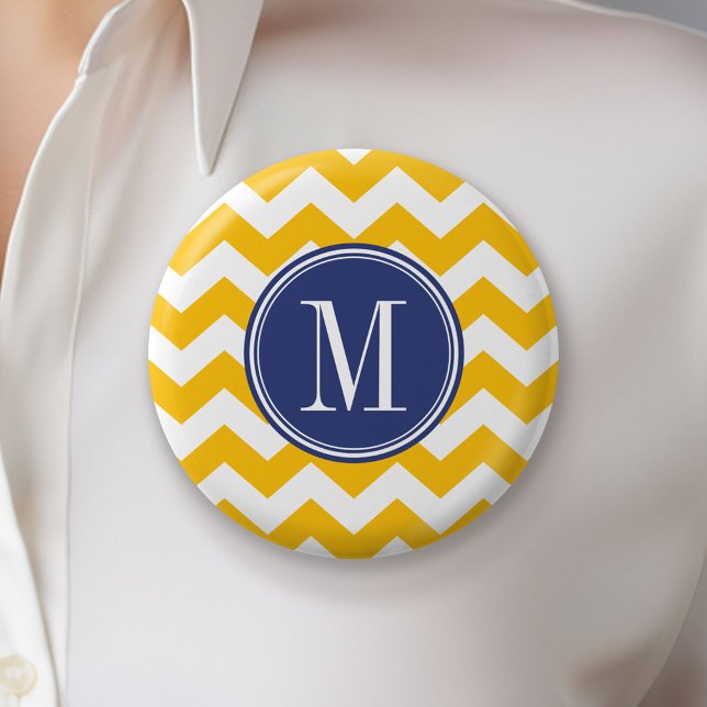 Yellow and Blue Chevron Pattern with Monogram Button (Custom Button)