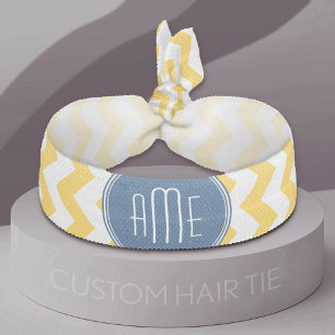 Yellow and Blue Chevron Pattern with Monogram Elastic Hair Tie