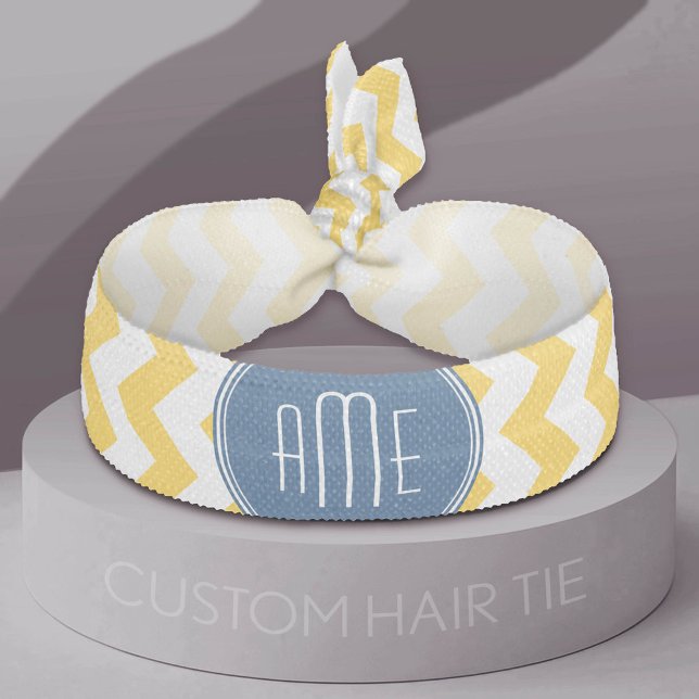 Yellow and Blue Chevron Pattern with Monogram Elastic Hair Tie (Custom Hair Tie)