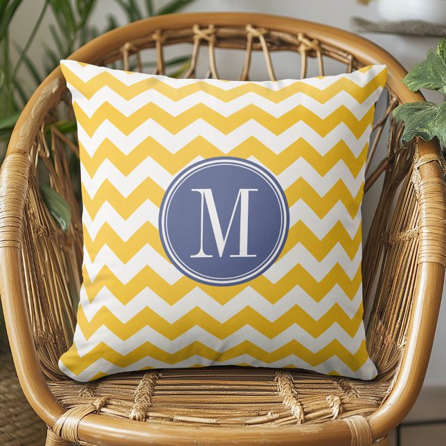 Yellow and Blue Chevron Pattern with Monogram Throw Pillow (Custom Monogram Pillow)