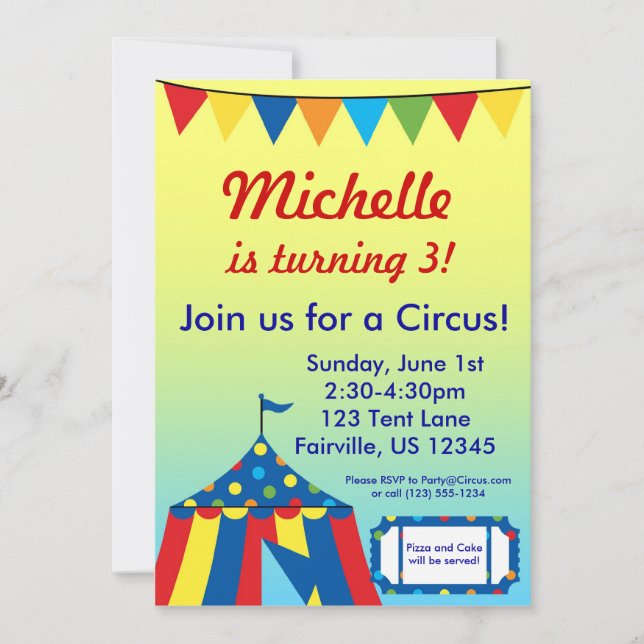 Yellow and Blue Circus Carnival Big Top Birthday Invitation (Front)