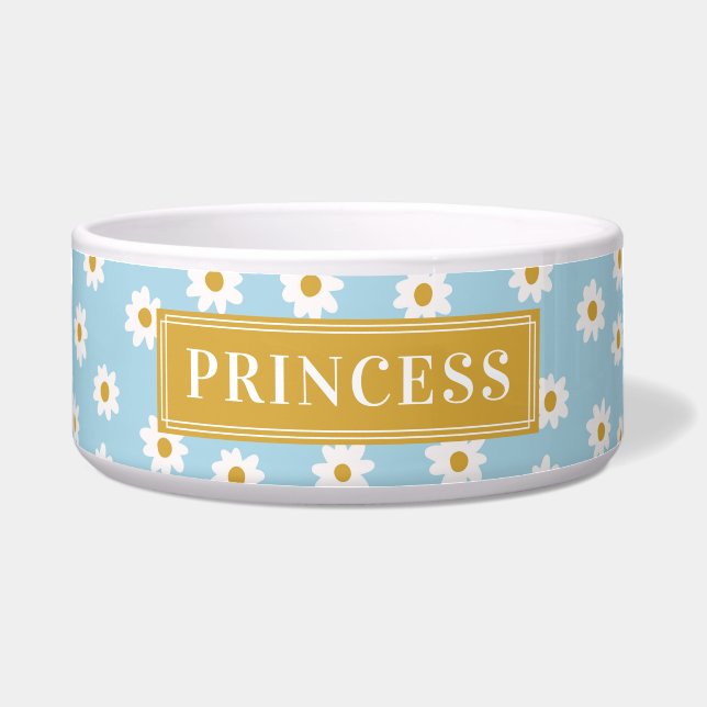 Yellow and Blue Daisies Custom Pet Name  Bowl (Front)
