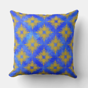 Yellow and Blue Diamond Burst Pattern Throw Pillow