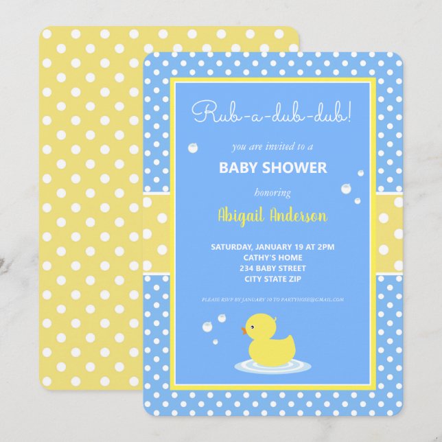Yellow and Blue Duck Polka Dots Baby Shower Invita Invitation (Front/Back)