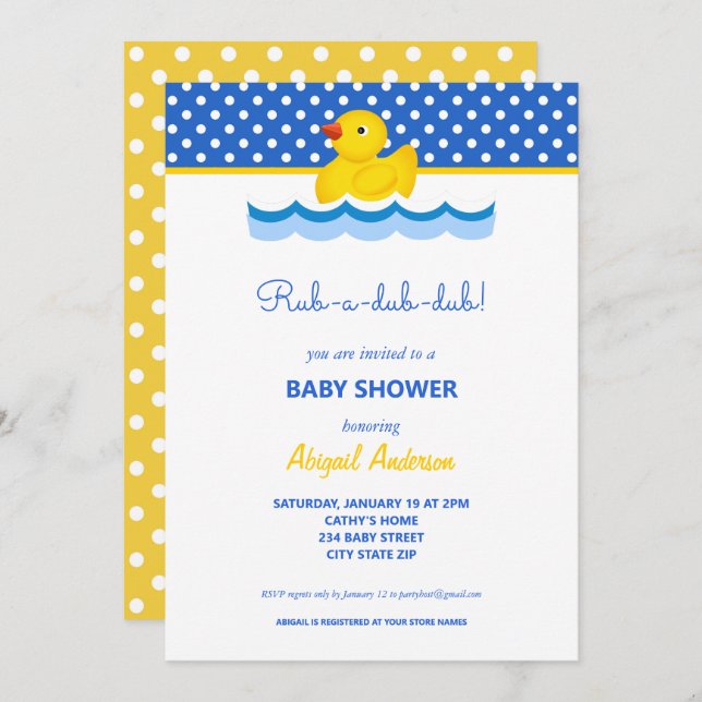 Yellow and Blue Duck Polka Dots Baby Shower Invita Invitation (Front/Back)