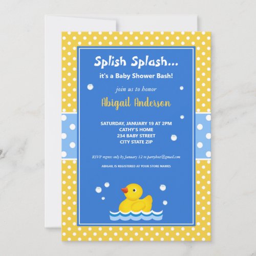 Yellow and Blue Duck Polka Dots Baby Shower Invitation