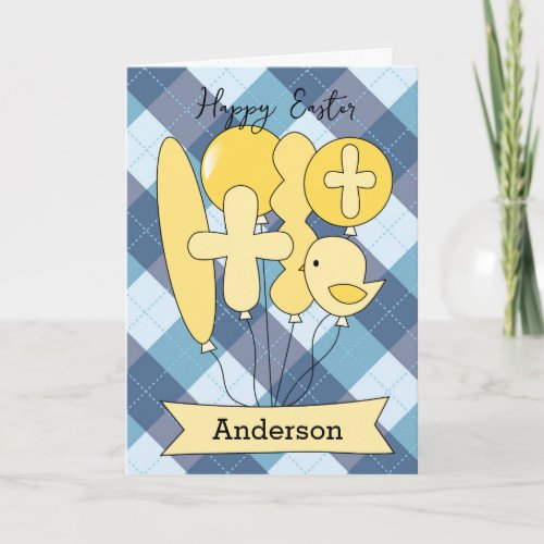 Yellow and Blue Easter Cross Bird Balloons Holiday Card