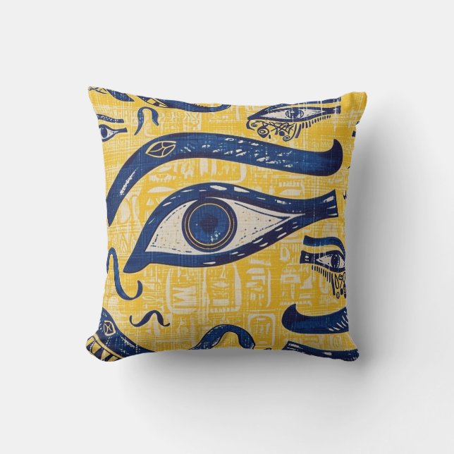 Yellow and Blue Egyptian Pattern - Eye of Horus Throw Pillow (Front)