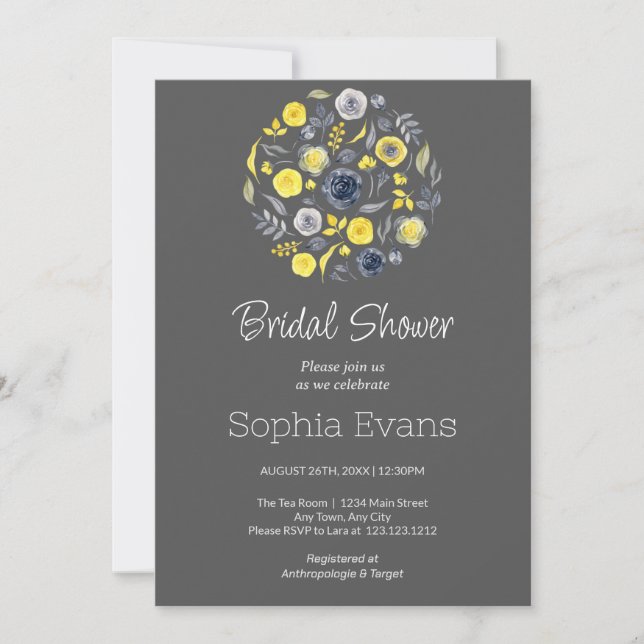 Yellow and Blue Floral Bouquet Bridal Shower Invitation (Front)