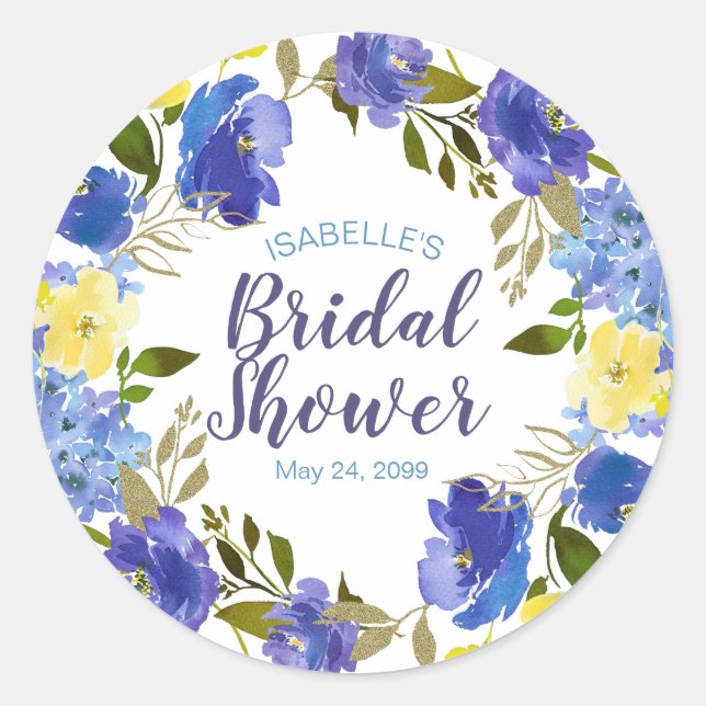 Yellow and Blue Floral Bridal Shower Personalized Classic Round Sticker (Front)
