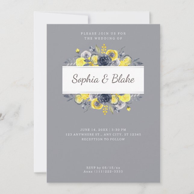 Yellow and Blue Floral Frame Light Gray Wedding Invitation (Front)