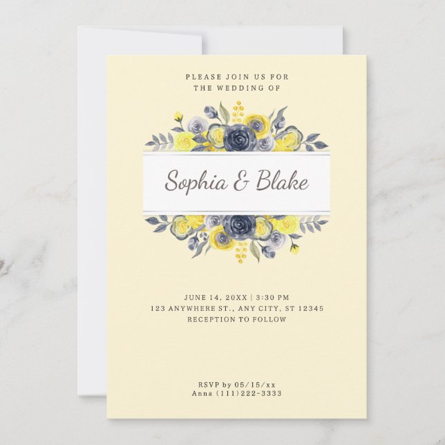 Yellow and Blue Floral Frame Yellow Wedding Invitation (Front)