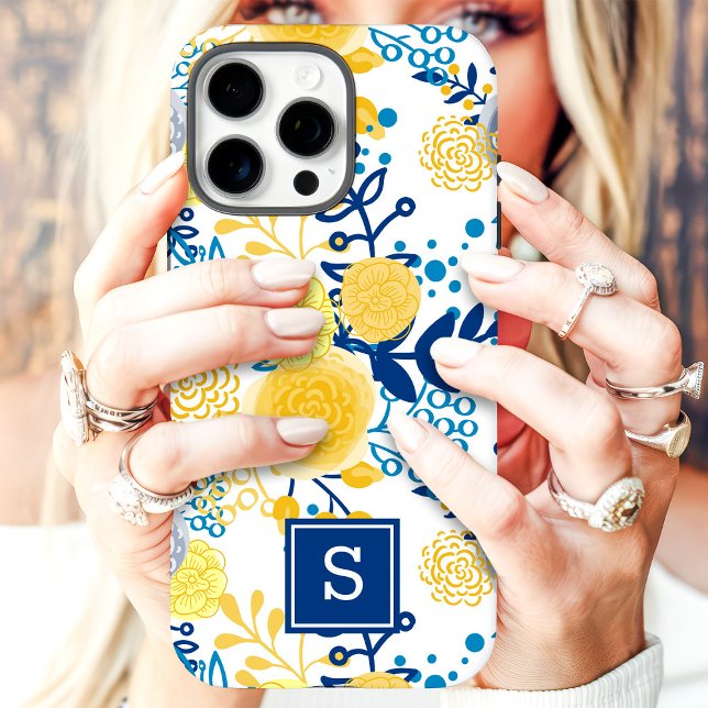 Yellow and Blue Floral Monogram Initial Case-Mate iPhone Case (Creator Uploaded)
