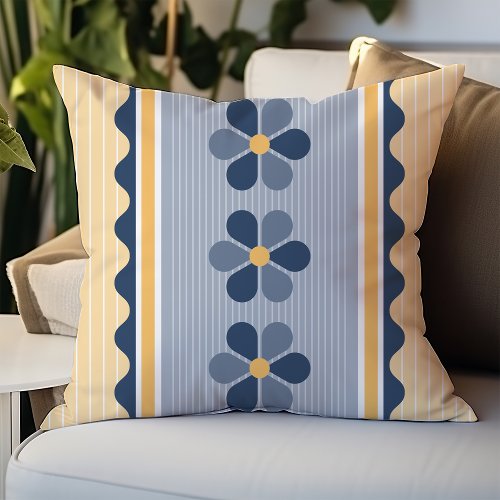 Yellow and Blue Floral Stripe Throw Pillow
