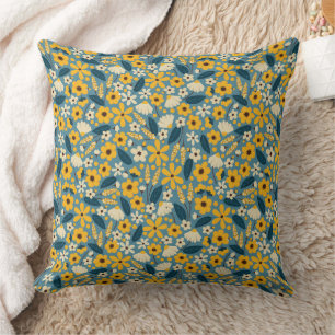 Yellow and Blue Floral Throw Pillow, Accent Pillow