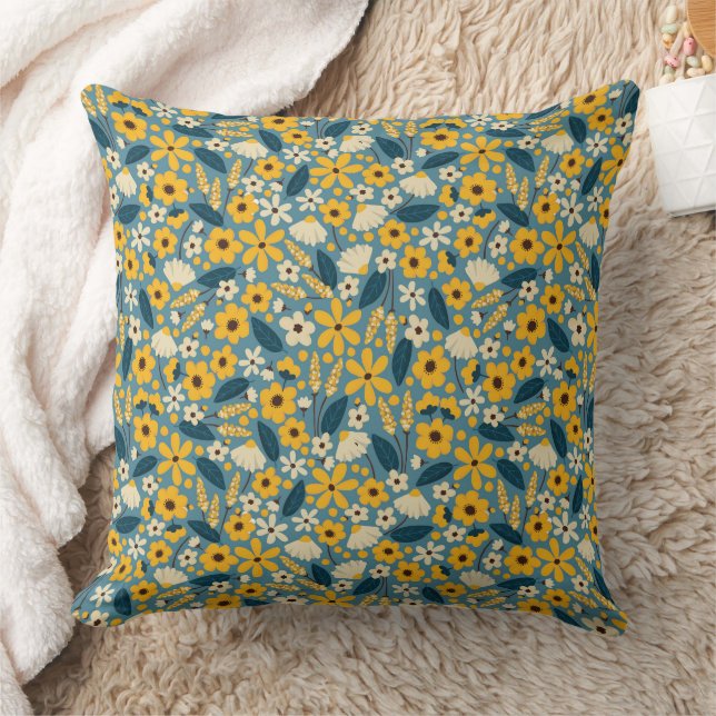 Yellow and Blue Floral Throw Pillow, Accent Pillow (Blanket)