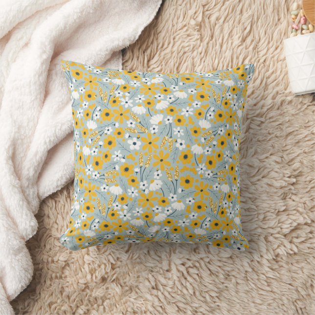 Yellow and Blue Floral throw pillow, Accent Throw Pillow (Blanket)