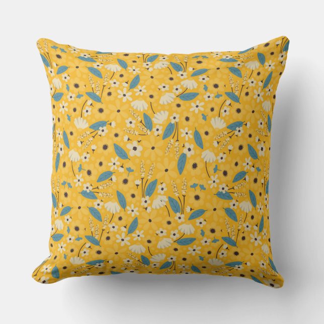 Yellow and Blue Floral throw pillow, Floral Accent Pillow (Front)