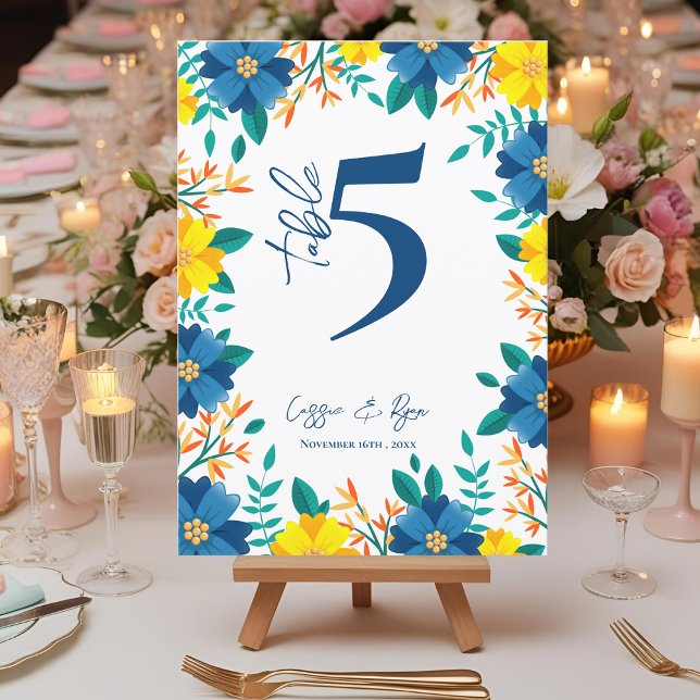 Yellow And Blue Floral Wedding Party Table Number (Yellow And Blue Floral Wedding Party Table Number)