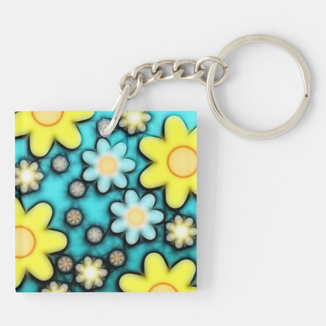 Yellow and Blue Flower Power Art Keychain (Back)