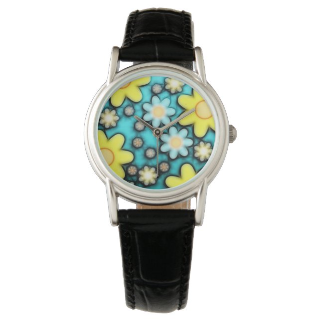 Yellow and Blue Flower Power Art Watch (Front)