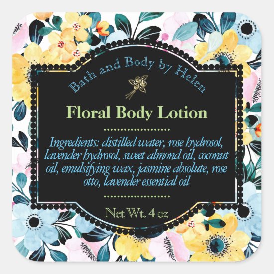 Yellow and blue flowers bath and body care label