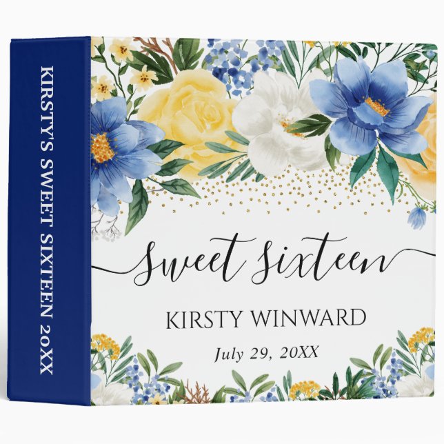 Yellow and Blue Flowers Sweet 16 Photo Album 3 Ring Binder (Front/Spine)