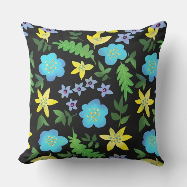 Yellow and blue flowers throw pillow (Front)
