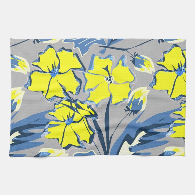 Yellow and blue flowers with sparkles. kitchen towel (Horizontal)