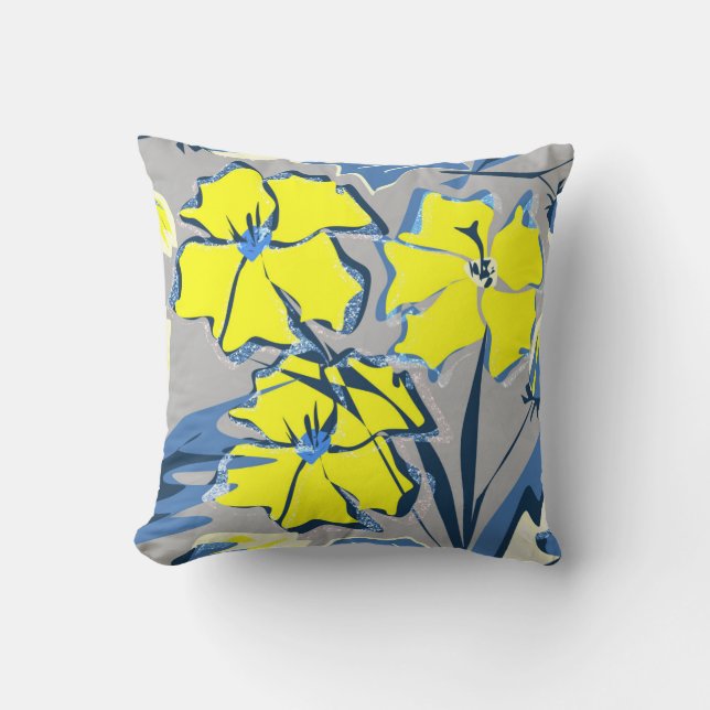 Yellow and blue flowers with sparkles. throw pillow (Front)