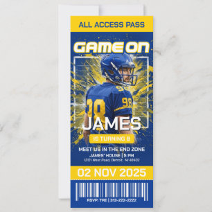 Yellow and Blue Football Ticket Birthday Invite