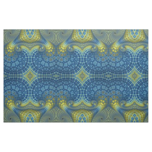 Yellow and Blue Groovy Batik Look Fractal Abstract Fabric