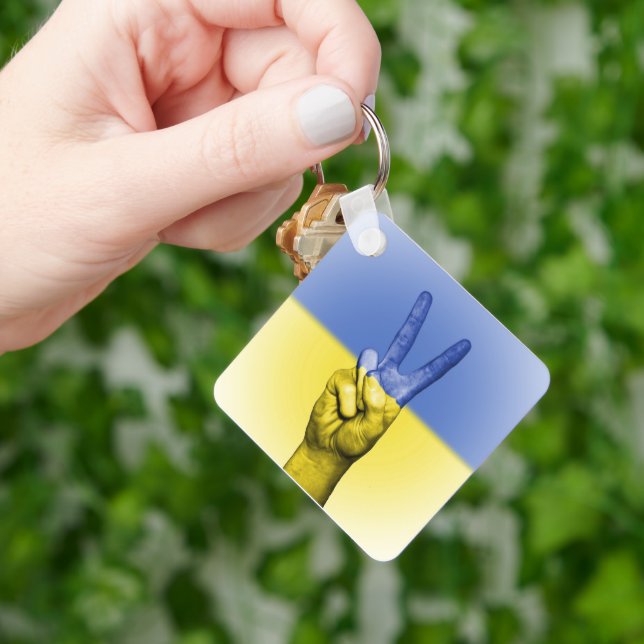 Yellow And Blue Hand Peace Sign   Keychain (Hand)