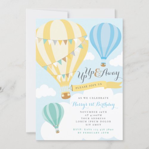 Yellow and Blue Hot Air Balloon Birthday Invitatio Invitation