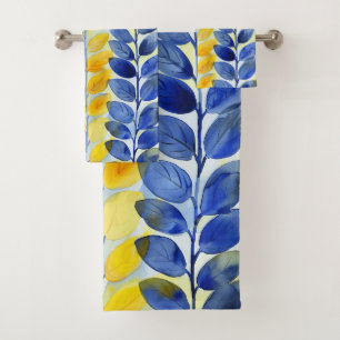 Yellow and Blue Leaves Bath Towel Set