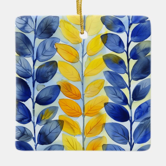 Yellow and Blue Leaves Ceramic Ornament (Front)